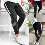 Men's Skinny Jeans Side Stripes Ripped Frayed Slim Fit Denim Pants Hip Hop Black Streetwear Rolled Edge Casual Jean Trousers Men