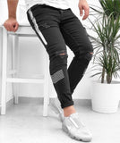 Men's Skinny Jeans Side Stripes Ripped Frayed Slim Fit Denim Pants Hip Hop Black Streetwear Rolled Edge Casual Jean Trousers Men