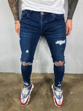 Men's Skinny Jeans Side Stripes Ripped Frayed Slim Fit Denim Pants Hip Hop Black Streetwear Rolled Edge Casual Jean Trousers Men