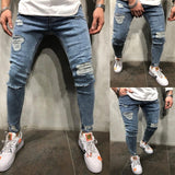 Men's Skinny Jeans Side Stripes Ripped Frayed Slim Fit Denim Pants Hip Hop Black Streetwear Rolled Edge Casual Jean Trousers Men