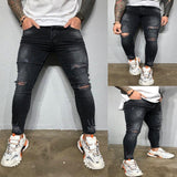 Men's Skinny Jeans Side Stripes Ripped Frayed Slim Fit Denim Pants Hip Hop Black Streetwear Rolled Edge Casual Jean Trousers Men