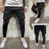 Men's Skinny Jeans Side Stripes Ripped Frayed Slim Fit Denim Pants Hip Hop Black Streetwear Rolled Edge Casual Jean Trousers Men