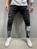 Men's Skinny Jeans Side Stripes Ripped Frayed Slim Fit Denim Pants Hip Hop Black Streetwear Rolled Edge Casual Jean Trousers Men