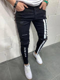 Men's Skinny Jeans Side Stripes Ripped Frayed Slim Fit Denim Pants Hip Hop Black Streetwear Rolled Edge Casual Jean Trousers Men
