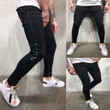Men's Skinny Jeans Side Stripes Ripped Frayed Slim Fit Denim Pants Hip Hop Black Streetwear Rolled Edge Casual Jean Trousers Men