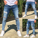 Men's Skinny Jeans Side Stripes Ripped Frayed Slim Fit Denim Pants Hip Hop Black Streetwear Rolled Edge Casual Jean Trousers Men