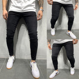 Men's Skinny Jeans Side Stripes Ripped Frayed Slim Fit Denim Pants Hip Hop Black Streetwear Rolled Edge Casual Jean Trousers Men