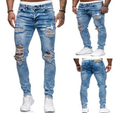 Men's Skinny Jeans Side Stripes Ripped Frayed Slim Fit Denim Pants Hip Hop Black Streetwear Rolled Edge Casual Jean Trousers Men