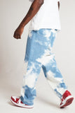 WEPBEL Men Casual Loose Straight Denim Pants Tie Dye Print Sky Blue Long Trouser Straight Jeans